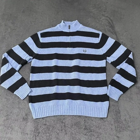 Chaps Ralph Lauren 1/4 Zip Sweater Mens Blue Stripe Mock Neck Blokecore Rugby - Picture 1 of 7